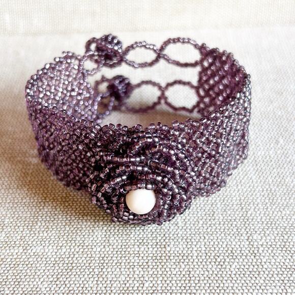 Purple Handbeaded Beadwork Rosette Bracelet - Picture 1 of 5